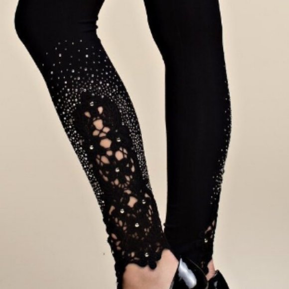NWT VOCAL CRYSTAL LACE & STONES SLIMMING slenderizing LEGGINGS SM-4X BLK rocker - Picture 3 of 9